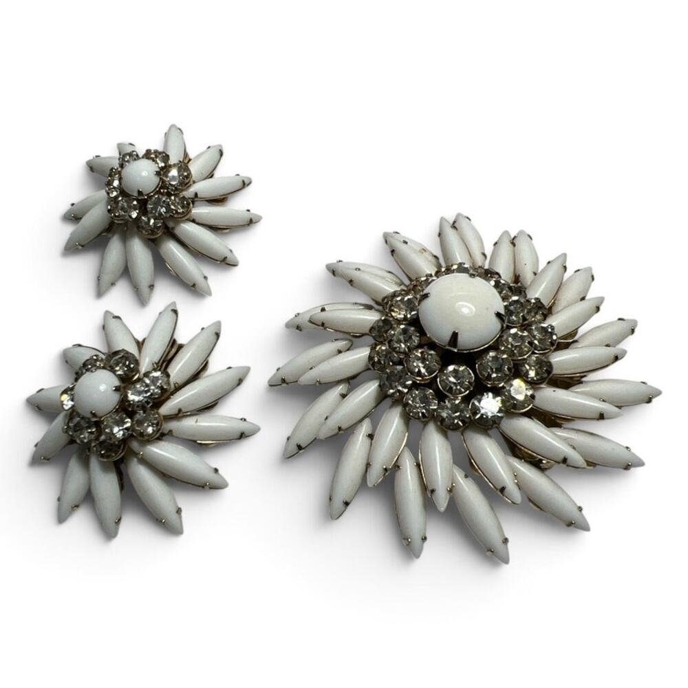 Vintage Judy Lee White Milk Glass Rhinestone Starburst Brooch and Earring Set